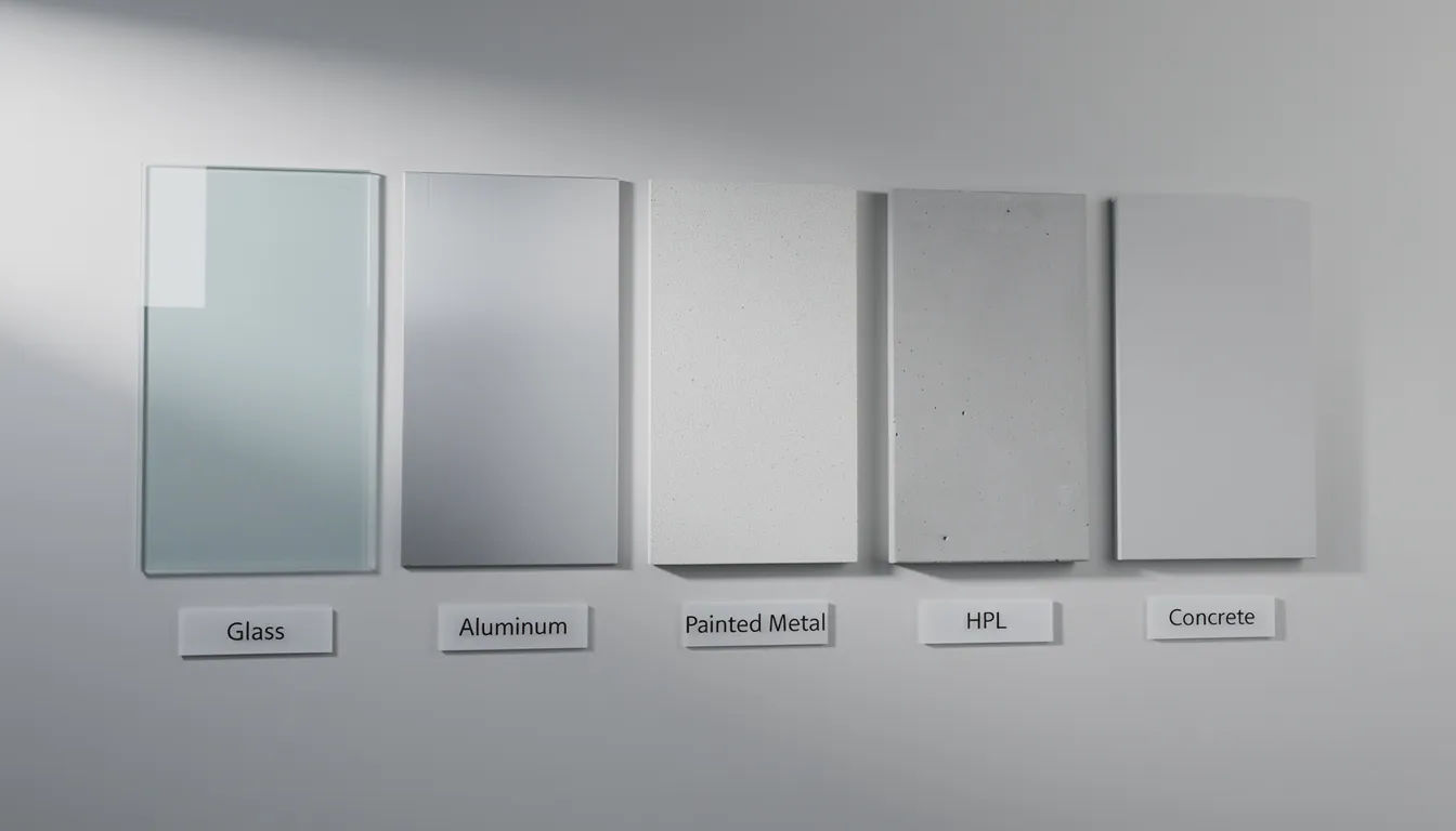 Das Bild zeigt verschiedene Fassadenmaterialien, die für die Gebäudefolierung geeignet sind. Zu sehen sind Beispiele für Folienlösungen und Oberflächen, die sowohl ästhetische als auch funktionale Vorteile bieten, wie UV-Schutz und Sichtschutz.