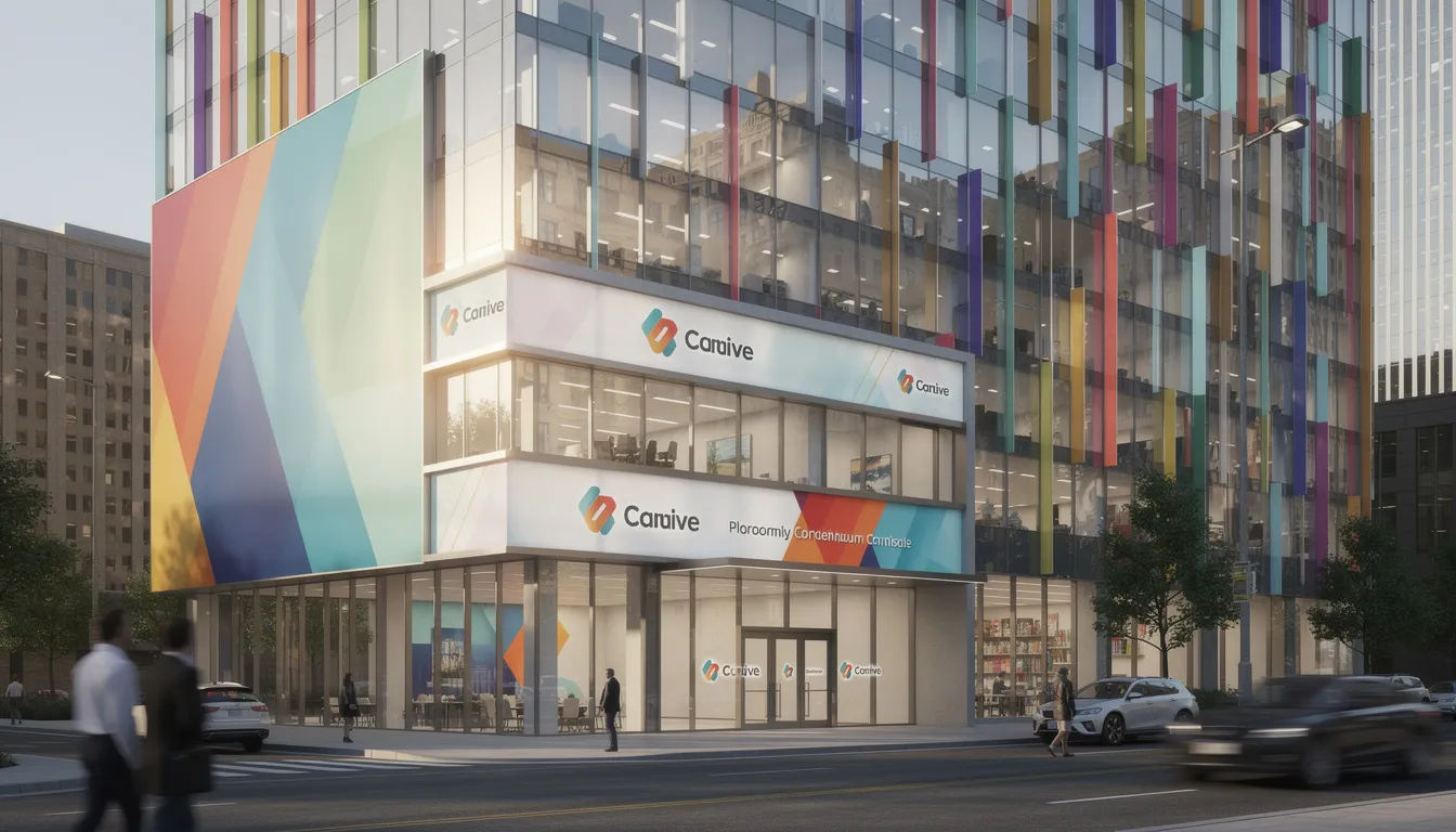 Das Bild zeigt ein modernes Geschäftsgebäude, dessen Fassade mit hochwertigen Folien gestaltet ist, um das Corporate Branding zu präsentieren. Die Glasflächen sind durch die Gebäudefolierung sowohl ästhetisch ansprechend als auch funktional, da sie Sichtschutz und UV-Schutz bieten.