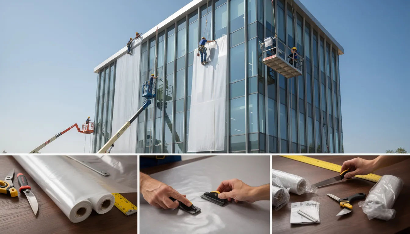 Ein professionelles Team installiert gerade Fassadenfolien an einem modernen Gebäude. Die Mitarbeiter arbeiten sorgfältig an den Glasflächen, um sowohl die Ästhetik als auch die Funktionalität der Gebäudefolierung zu optimieren und gleichzeitig den Sonnenschutz und die Privatsphäre zu gewährleisten.