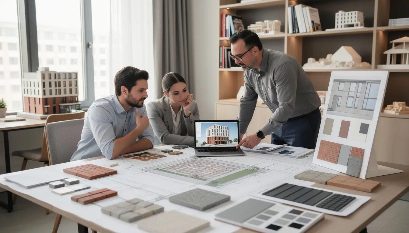 Ein Architekt berät Kunden über verschiedene Möglichkeiten zur Fassadensanierung, wobei er Optionen wie Gebäudefolierung und Sonnenschutzfolien präsentiert. Die Beratung findet in einem hellen Raum statt, in dem Materialien und Beispiele für die Fassadengestaltung ausgestellt sind, um die Ästhetik und Funktionalität der Renovierung zu verdeutlichen.