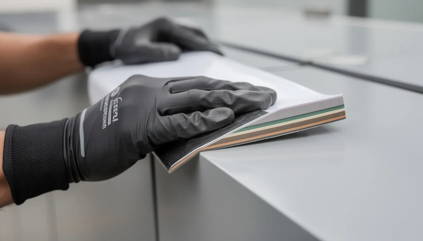 Nahaufnahme der Anwendung einer hochleistungsfähigen Fassadenfolie auf einem Gebäude, die sowohl ästhetische als auch funktionale Vorteile bietet, wie UV-Schutz und Sichtschutz für die Glasflächen. Die Montage erfolgt sorgfältig, um ein optimales Ergebnis für die Gebäudefolierung zu gewährleisten.