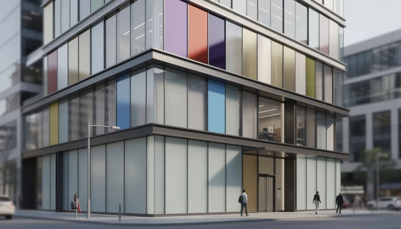 Das Bild zeigt eine moderne Gebäudefassade, die mit Hochleistungsfolie gestaltet wurde. Diese Fassade kombiniert Ästhetik und Funktionalität, bietet Sichtschutz und UV-Schutz und trägt zur Verbesserung des Raumklimas bei.